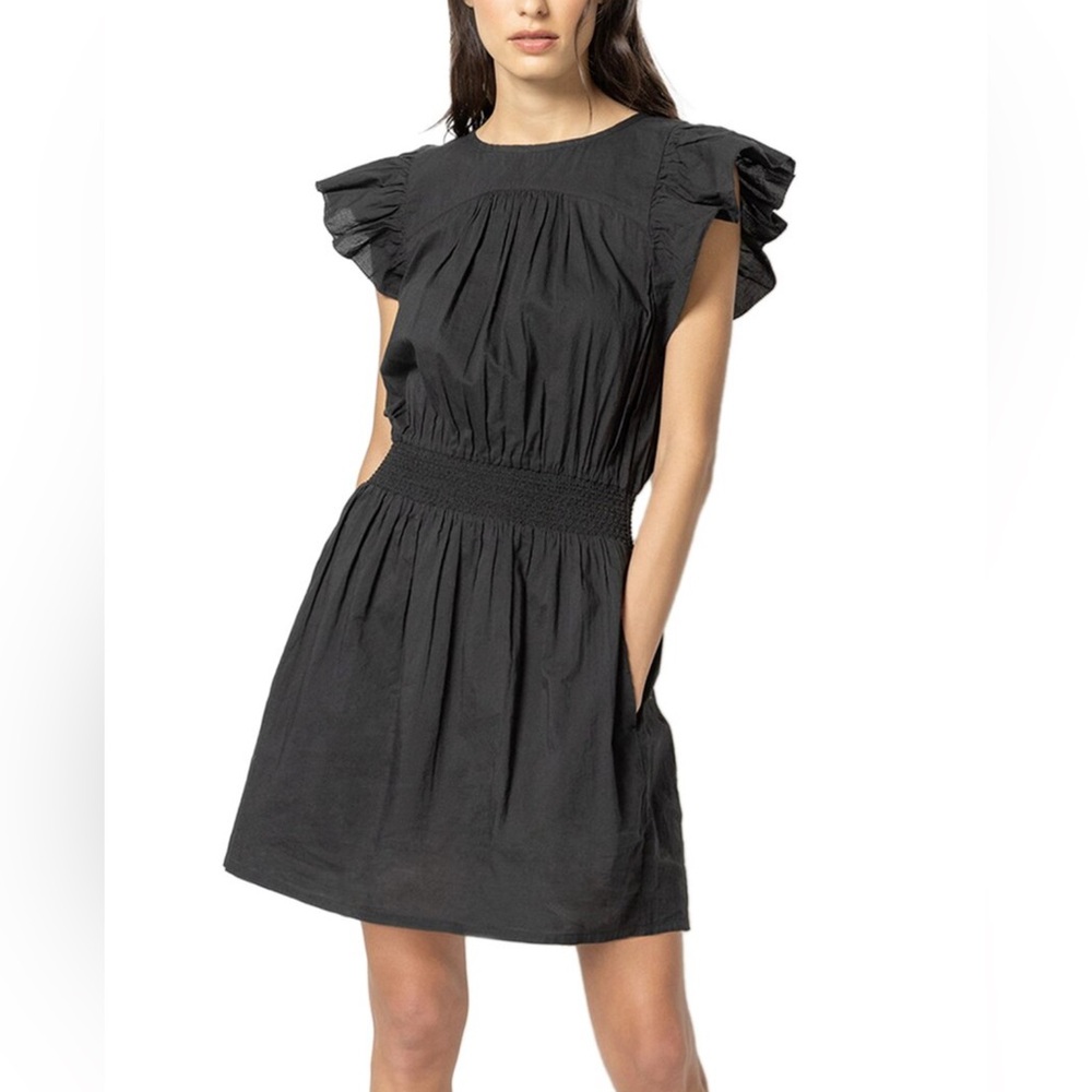 LILLA P Smocked Waist Ruffle Sleeve Licorice Black Cotton Dress Pockets Sz Large